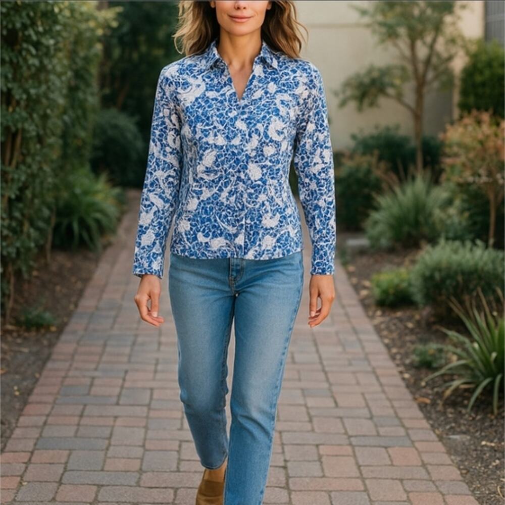 Chico’s Button Down Floral Top with Amazing White Stitching Size S